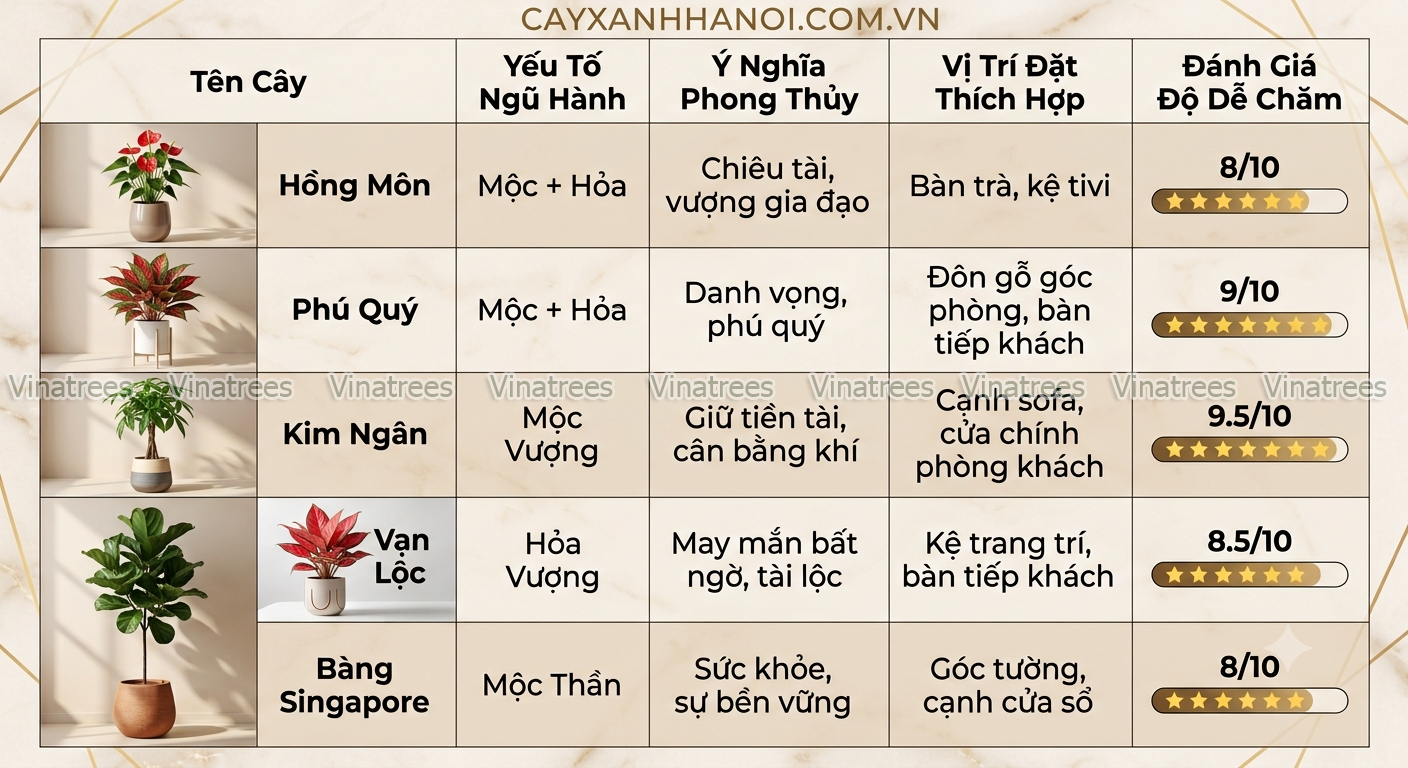 Bảng so sánh yếu tố phong thủy và vị trí trang trí cây xanh văn phòng