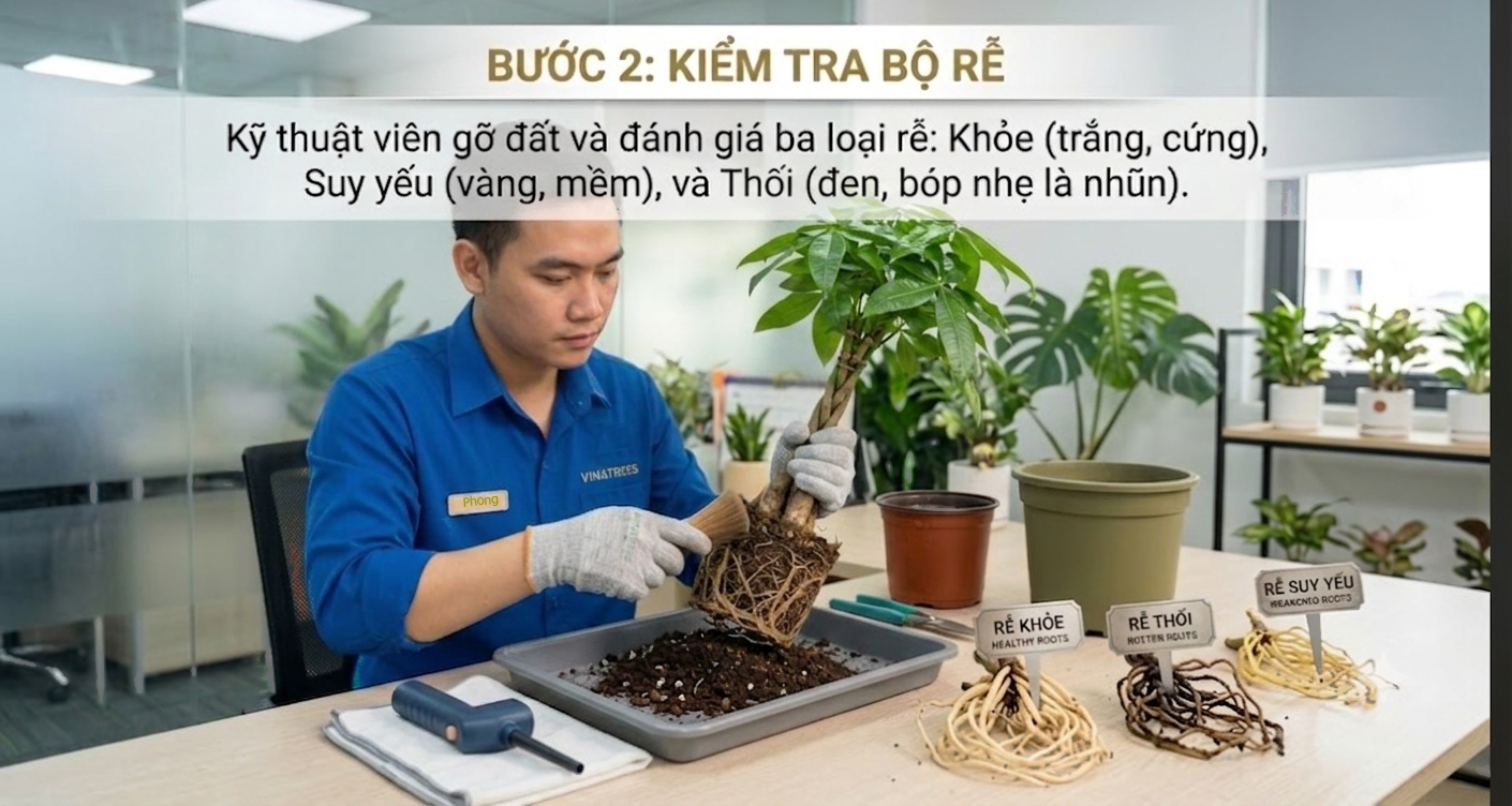 Kỹ thuật viên Vinatrees kiểm tra bộ rễ