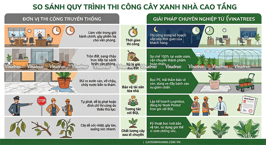 Bảng so sánh quy trình vận chuyển cây xanh tòa nhà cao tầng